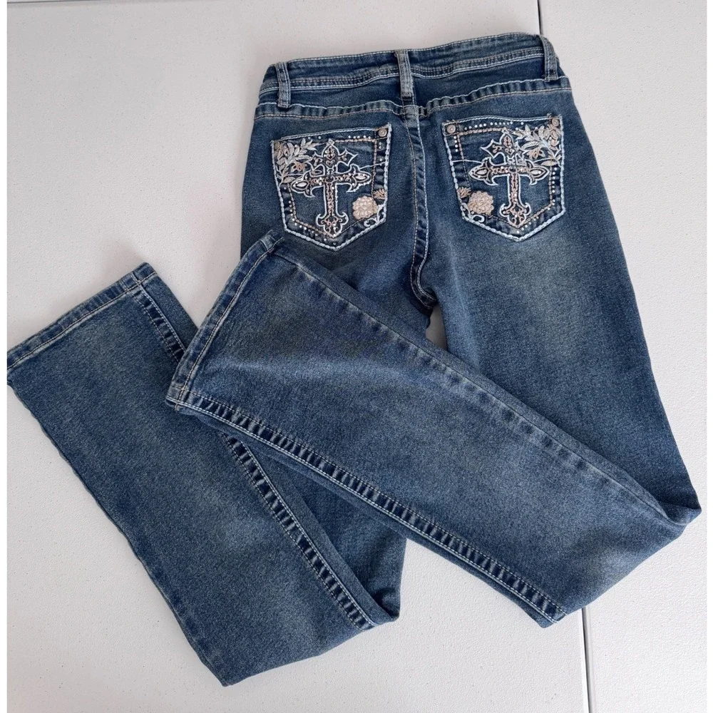 Harper & NY Womens Cross Embroidered Rhinestone Bootcut Jeans Blue Size 1 y2k s3